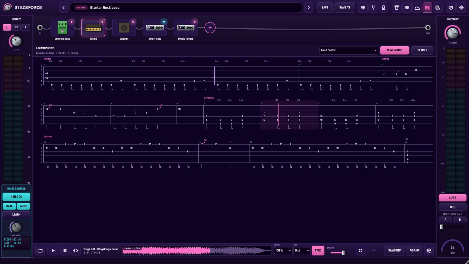 Tab view: a Guitar Pro song with the tablature following the playback